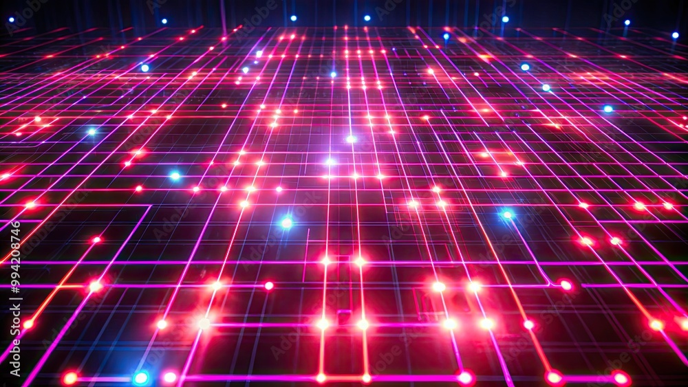 Fototapeta premium Neon grid of intersecting pink and blue lights.