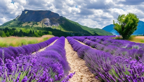 Lavender fields of Bleu Lavande in Stanstead, Quebec, Canada, showcasing vibrant purple blooms under a clear blue sky photo