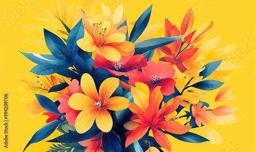 Vibrant floral illustration on a sunny yellow background showcasing a dynamic flow of colors and shapes