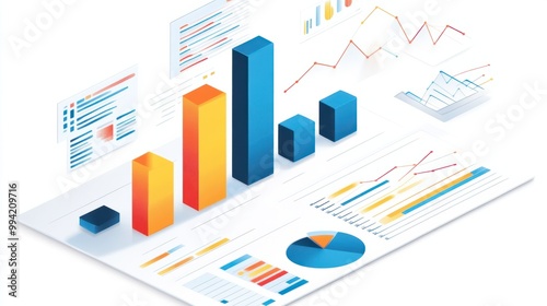 A clean business data analysis vector showing bar graphs and line charts on a white background, illustrating key performance metrics.