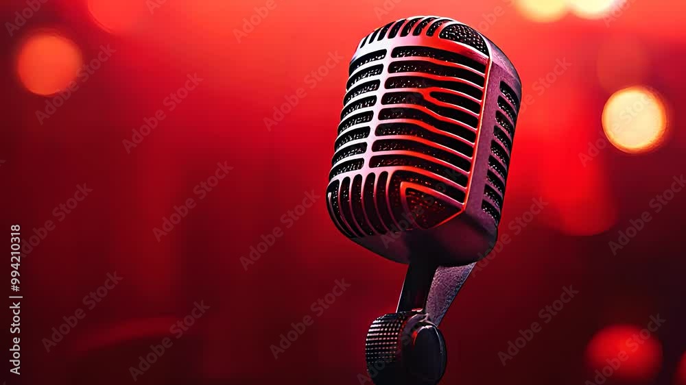Classic retro microphone in a vibrant red setting, symbolizing music, performance, and live entertainment in a vintage style.