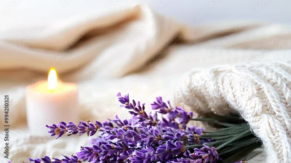Cozy lavender and candle setting with soft blankets, creating a peaceful and calming atmosphere for relaxation and serenity. Cozy lavender and candle setting with soft blankets, creating a peaceful and calming atmosphere for relaxation and serenity.