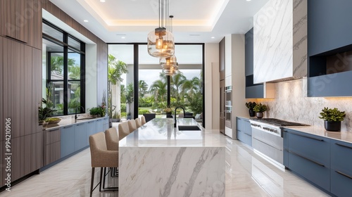 Modern luxury kitchen with marble countertops, stainless steel appliances, and a stylish open layout. photo