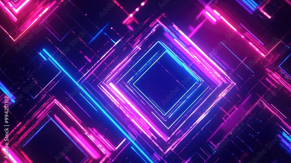 Neon glowing tech lines create a hi tech futuristic abstract background featuring geometric square shapes Neon glowing tech lines create a hi tech futuristic abstract background featuring geometric square shapes