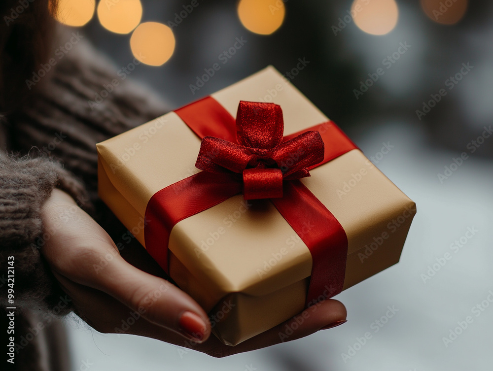 A person is holding a brown box with a red ribbon on it A person is holding a brown box with a red ribbon on it