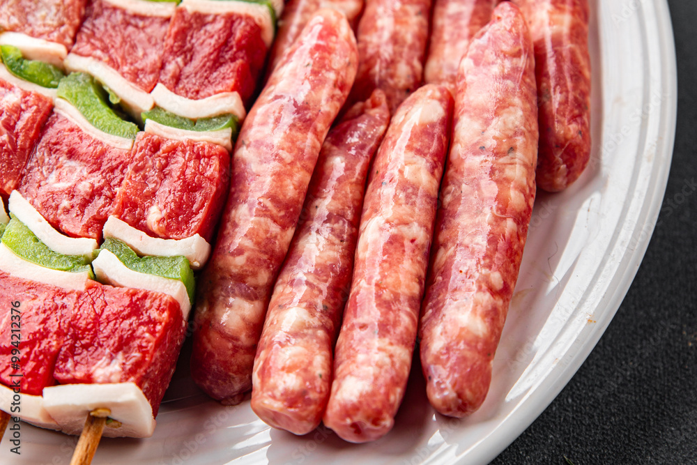 raw sausage meat assorted juicy pork, beef fresh delicious gourmet food background on the table rustick food top view copy space raw sausage meat assorted juicy pork, beef fresh delicious gourmet food background on the table rustick food top view copy space