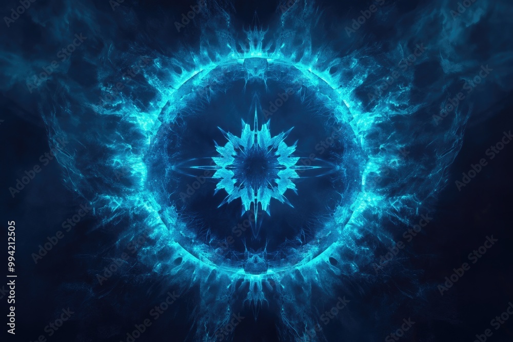 Vibrant cold cyan circular form featuring a mystical design A sacred sphere in contemporary tech style with a navy aqua burst symbol on a dark background for text use Vibrant cold cyan circular form featuring a mystical design A sacred sphere in contemporary tech style with a navy aqua burst symbol on a dark background for text use