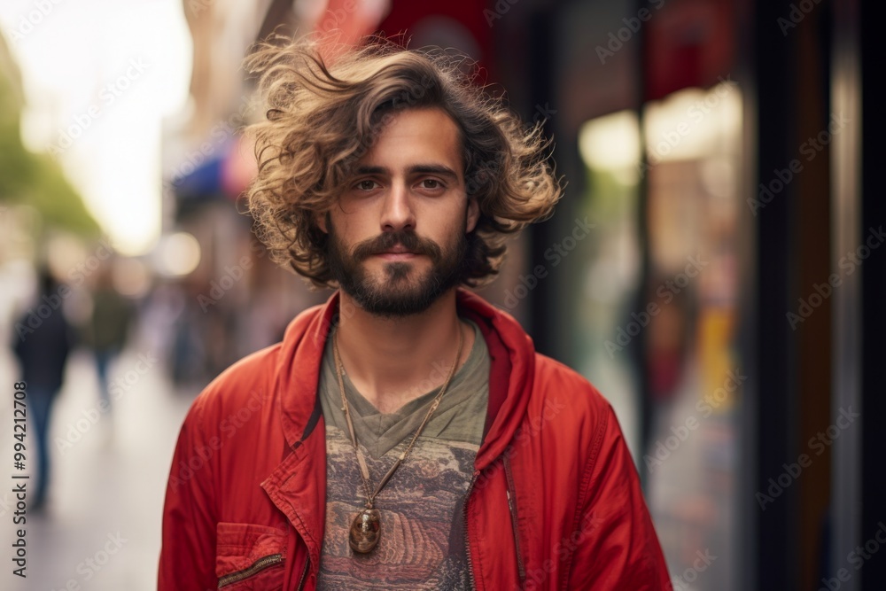 A man with a beard and a red jacket is standing on a sidewalk