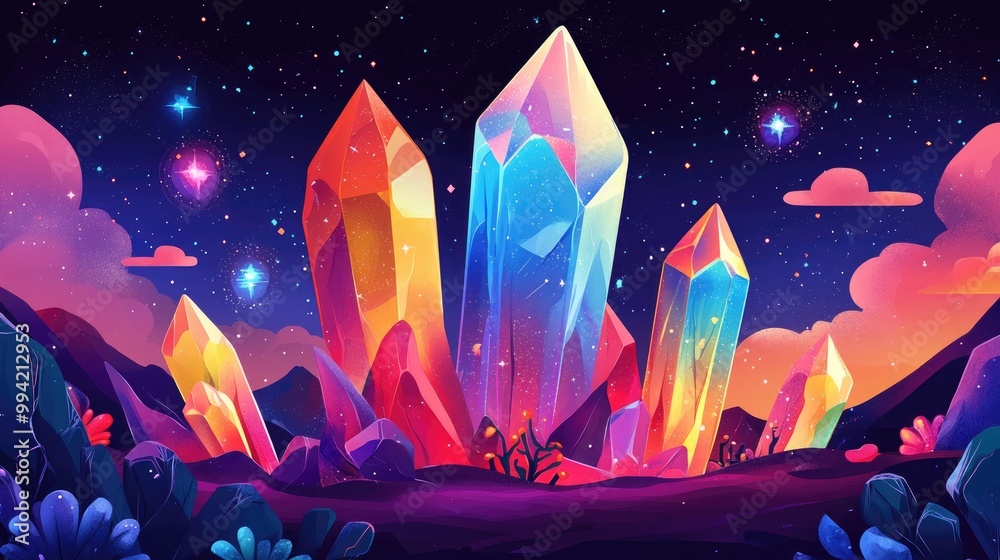 Fantasy magical crystal design in a 2D cartoon style featuring vibrant colors and whimsical shapes ideal for imaginative projects Fantasy magical crystal design in a 2D cartoon style featuring vibrant colors and whimsical shapes ideal for imaginative projects