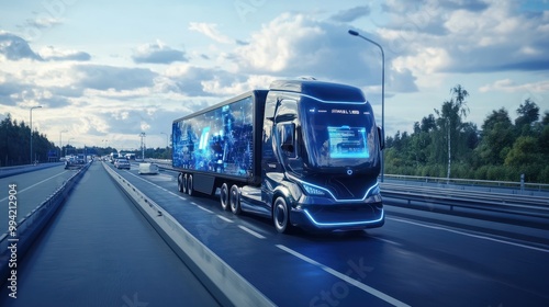 An autonomous truck that drives on highways with a futuristic user interface