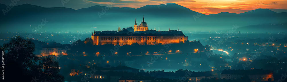 Fototapeta premium Majestic Castle Illuminates Night Sky Above City Skyline