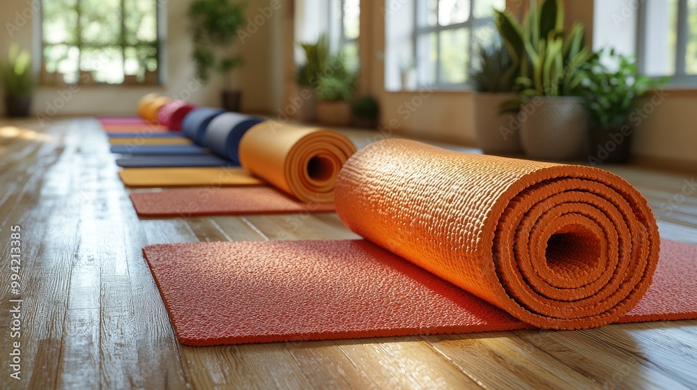 Serene yoga studio with vibrant mats and greenery. Serene yoga studio with vibrant mats and greenery.