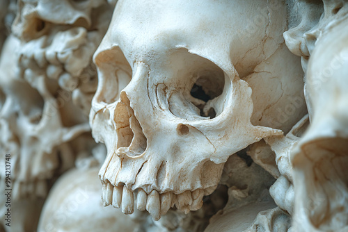 Stack of human skulls and bones in a haunting, dark atmosphere. Perfect for horror, Halloween, and death-themed visuals.