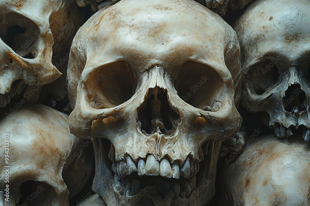 Naklejka premium Stack of human skulls and bones in a haunting, dark atmosphere. Perfect for horror, Halloween, and death-themed visuals.