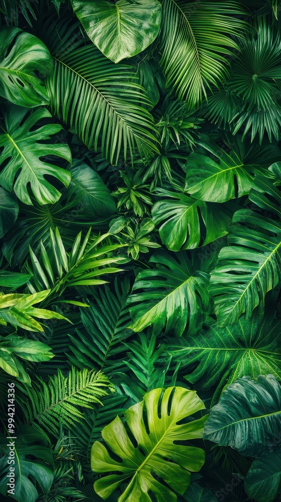 Fototapeta premium Vibrant tropical leaves, lush green background.