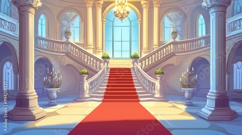Cartoon illustration of a lavish castle hall featuring a marble staircase opulent ballroom elements elegant pillars arch windows a red carpet decorative vases and a chandelier