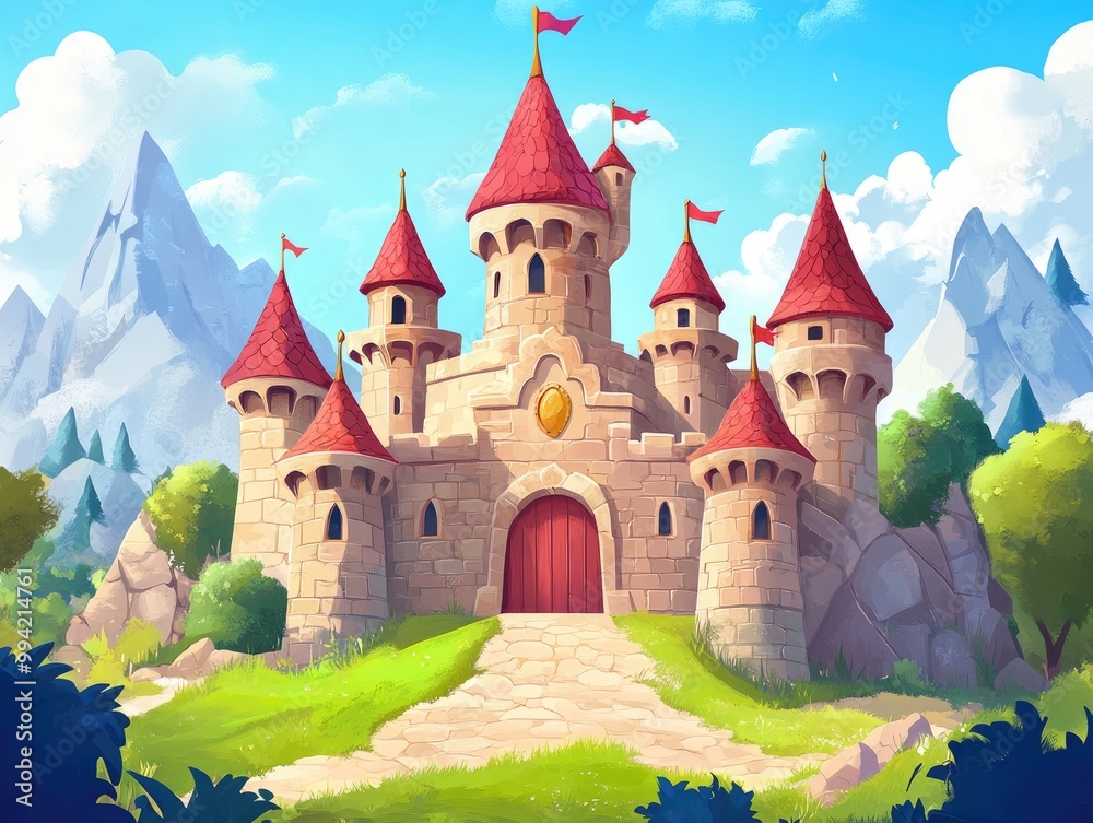 Enchanting fantasy castle set on lush hills featuring a vibrant 2D cartoon design of a medieval fortress with red stone towers and a grand gate perfect for a royal themed game concept Enchanting fantasy castle set on lush hills featuring a vibrant 2D cartoon design of a medieval fortress with red stone towers and a grand gate perfect for a royal themed game concept