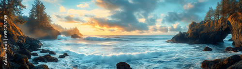 Rocky Coastline with Crashing Waves at Sunset