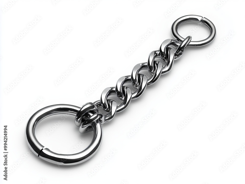 A silver chain with a metal ring on a white background A silver chain with a metal ring on a white background