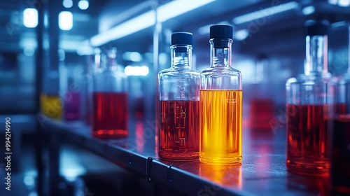 Close Up of Glass Bottles Filled with Colored Liquids in a Laboratory