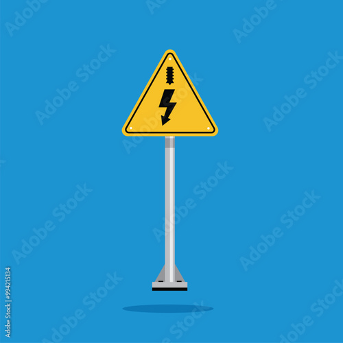 electric cable in front of road sign with yellow triangle board. Suitable for poster and web icon	
