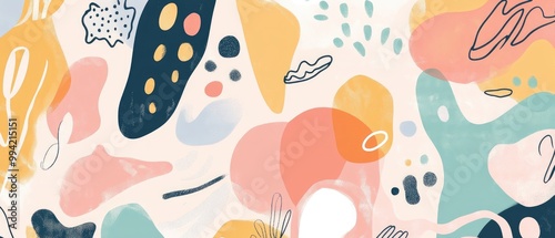 Fantasy abstract background featuring hand drawn shapes and doodle elements showcasing contemporary modern 2D cartoon illustrations in soft pastel hues