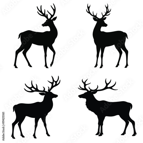 Set of Deer Silhouette Vectors. Isolated  on White Background.