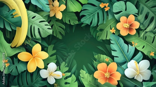 Tropical summer themed 2D cartoon greeting card featuring exotic flowers palm trees bananas and a circular frame of lush green monstera leaves photo