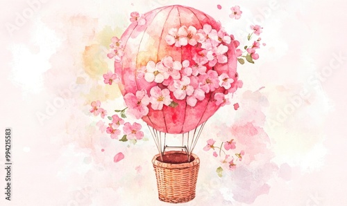 Floral hot air balloon featuring pink blossoms and a basket Watercolor artwork of a vibrant aerostat on a plain backdrop ideal for baby greeting cards or wedding invitations in soft hues photo