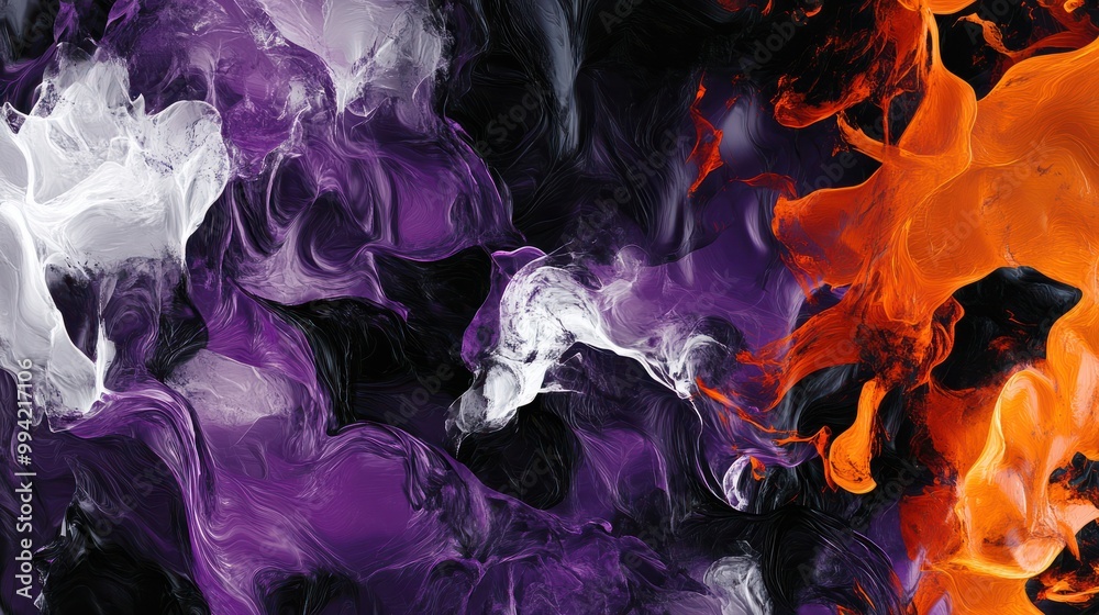 Obraz premium Eerie Halloween Textures: Abstract Patterns in Black, Orange, Purple with Ghostly White & Blood-Red Accents