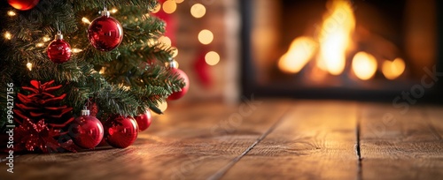 Festive decorations on Christmas tree near warm fireplace

