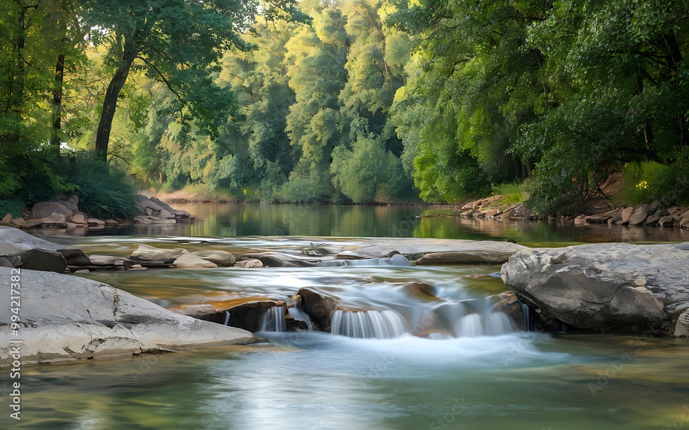 Obraz premium Tranquil river flowing through lush forest with smooth, flowing water.