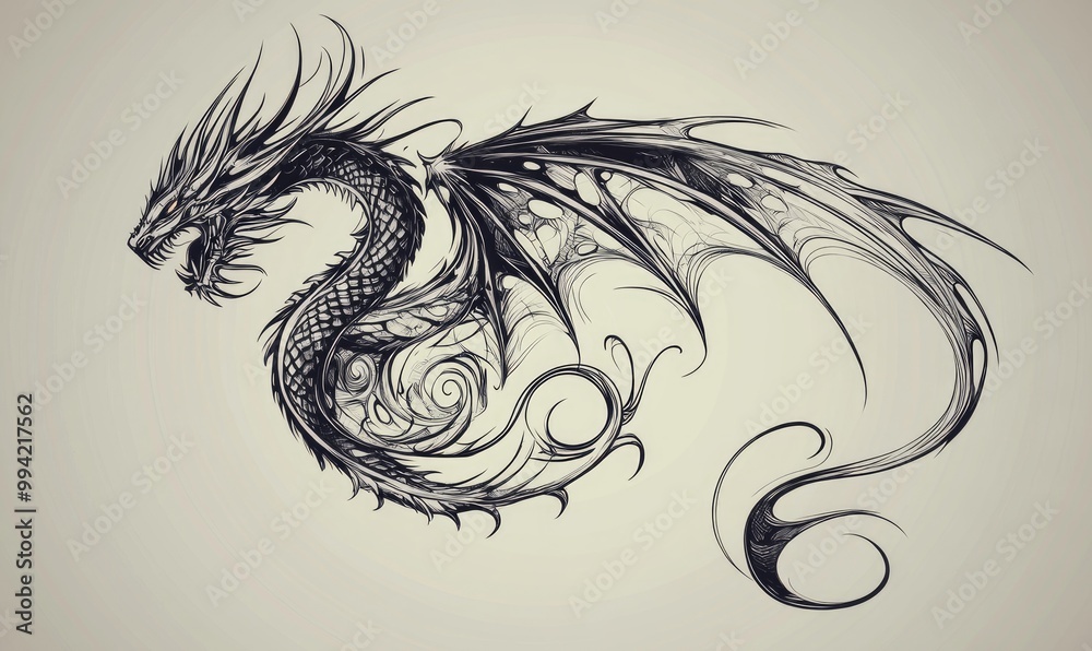 Fantasy dragon tattoo design in 2D cartoon style perfect for tattoos or logos showcasing sharp lines and intricate details for a striking and sophisticated look Fantasy dragon tattoo design in 2D cartoon style perfect for tattoos or logos showcasing sharp lines and intricate details for a striking and sophisticated look