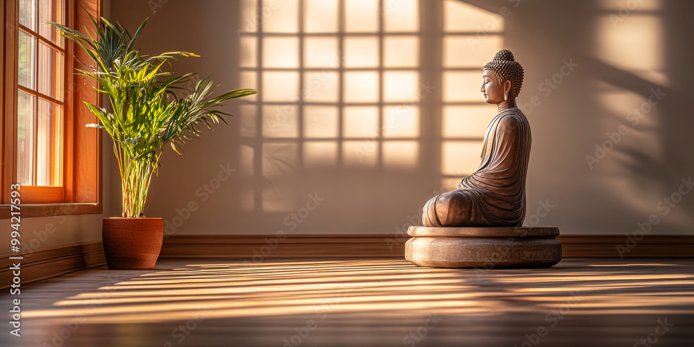 A serene Buddha statue sits quietly in a sunlit room with a potted plant, casting soft shadows on the wooden floor during the early morning A serene Buddha statue sits quietly in a sunlit room with a potted plant, casting soft shadows on the wooden floor during the early morning