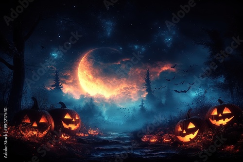 Halloween theme with pumpkins and dark forest. Scary Halloween design on table. Jack-o-lantern on the dark forest