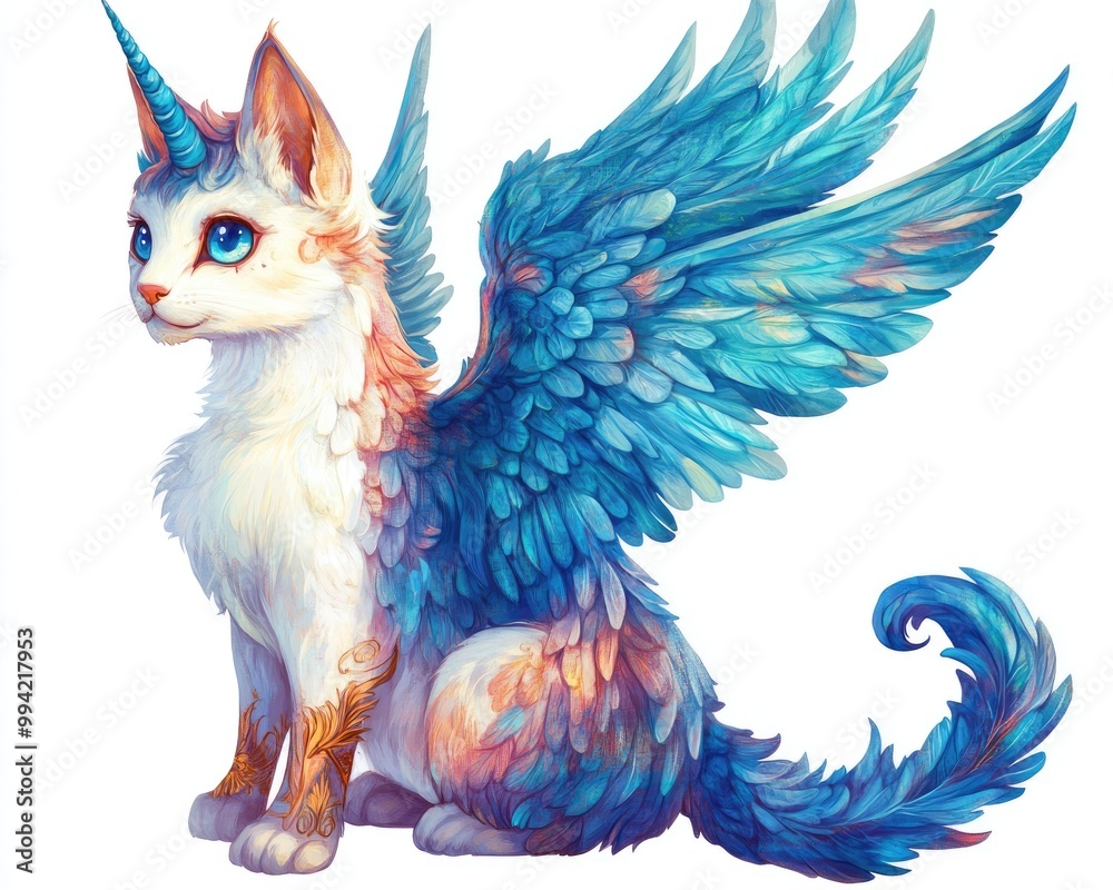 Obraz premium Fantasy unicorn cat with blue wings illustrated in 2D against a white backdrop