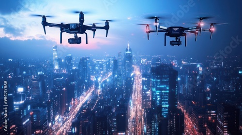 Futuristic AI-driven air traffic control systems for autonomous drones: A control tower managing air traffic for delivery drones in a smart city.