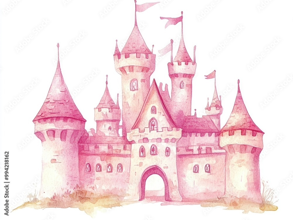 Obraz premium Whimsical fairy tale castle illustration in pink watercolor hand painted and isolated on a white background Perfect for baby shower invitations children s greeting cards and nursery decor