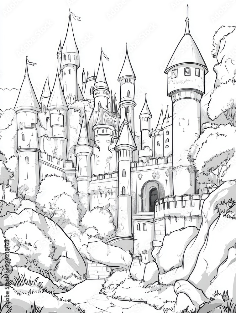 Black and white 2D cartoon fairytale themed search game featuring a medieval castle landscape Find hidden objects in this simple fantasy seek and find activity or coloring page Black and white 2D cartoon fairytale themed search game featuring a medieval castle landscape Find hidden objects in this simple fantasy seek and find activity or coloring page
