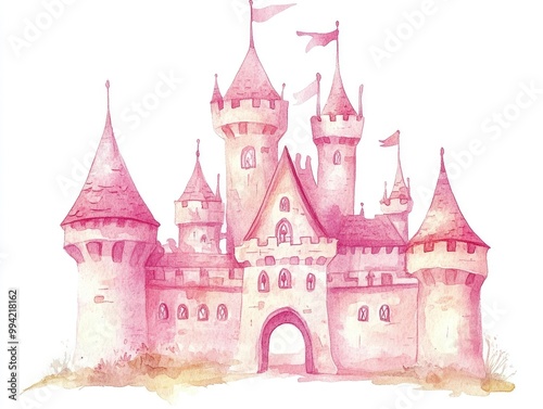 Whimsical fairy tale castle illustration in pink watercolor hand painted and isolated on a white background Perfect for baby shower invitations children s greeting cards and nursery decor