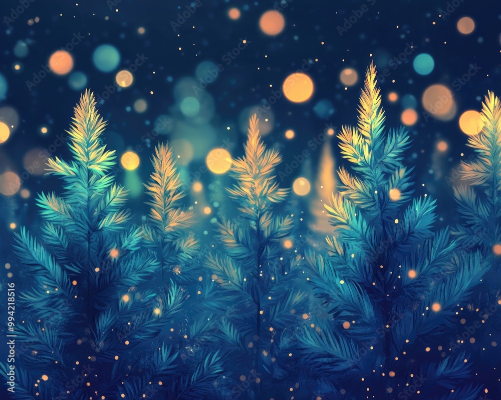 Fototapeta premium Fantasy Christmas blue pine forest backdrop featuring 2D cartoon elements Ideal for green garden tree wedding invitations with bokeh light effects