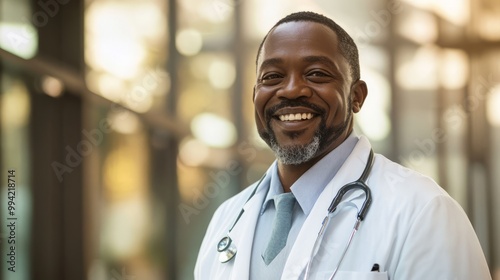 A smiling man in a white lab coat with a stethoscope around his neck