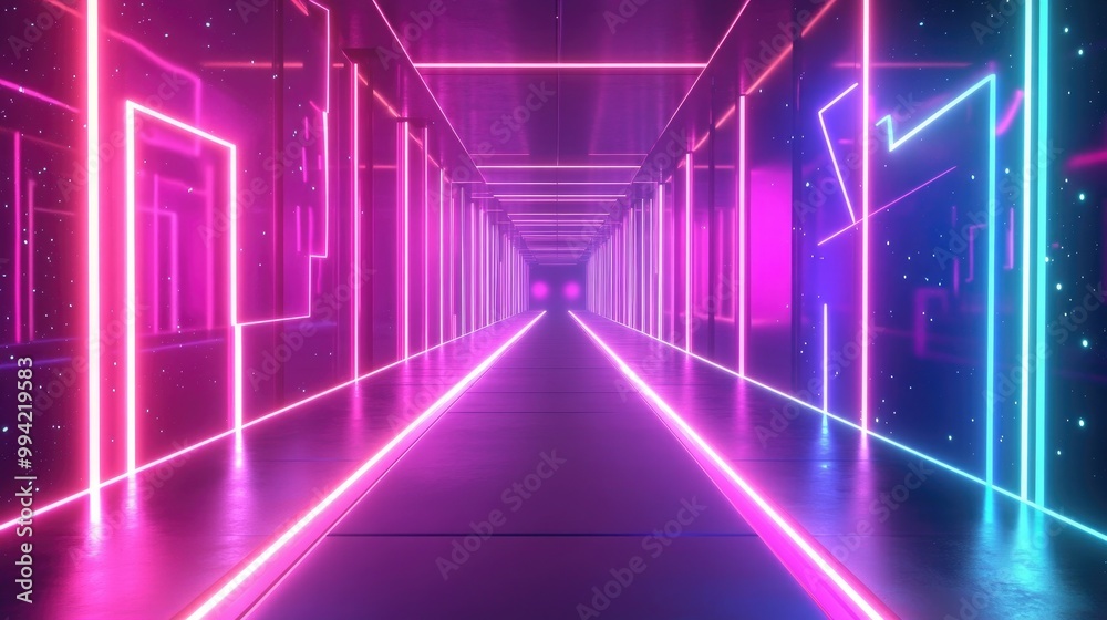 Vibrant neon light backdrop with a techno aesthetic ideal for contemporary projects featuring a 2D cartoon style illustration