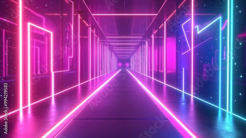 Vibrant neon light backdrop with a techno aesthetic ideal for contemporary projects featuring a 2D cartoon style illustration