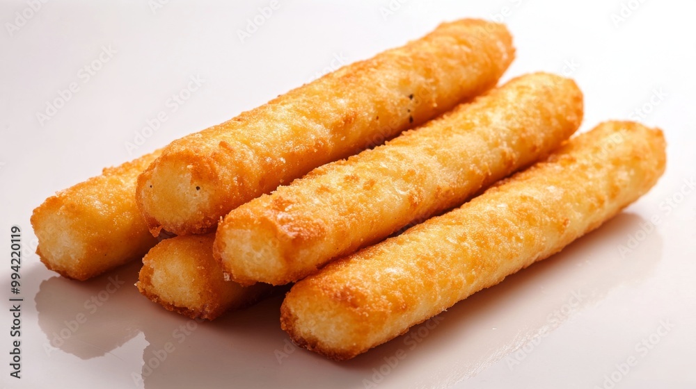 Four crispy golden brown cheese sticks on a white surface. Four crispy golden brown cheese sticks on a white surface.