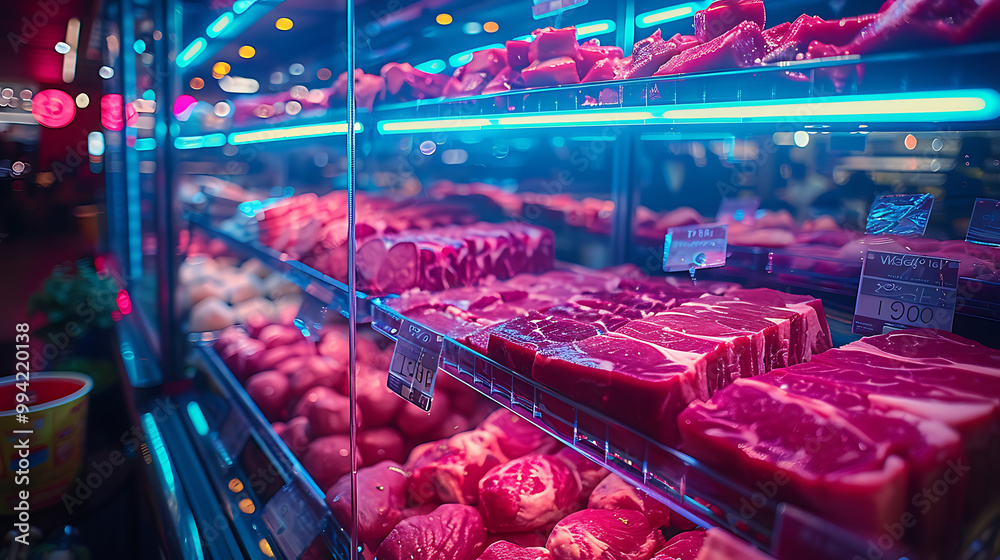 Meat aisle with various cuts displayed in a refrigerated grocery section. close-up of a meat fridge in a grocery store filled with various cuts of fresh meat various cuts of beef, pork and other meats