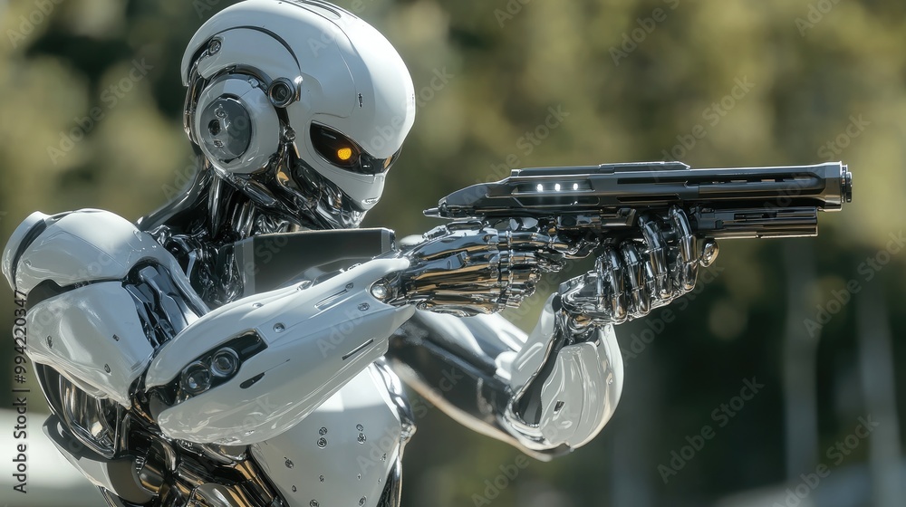 Fototapeta premium Mechanical soldier aiming 3D illustration