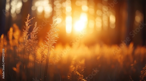 Wild grass in the forest at sunset with shallow depth of field