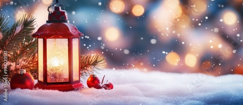 Red Christmas lantern in snow with festive ornaments and glowing lights
