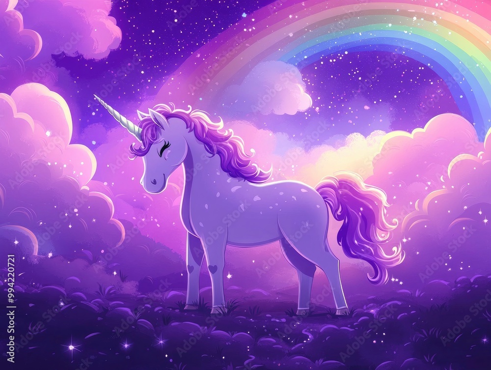 Fototapeta premium Magical unicorn under a sparkling starry purple sky with a rainbow perfect for children s design 2D cartoon illustration